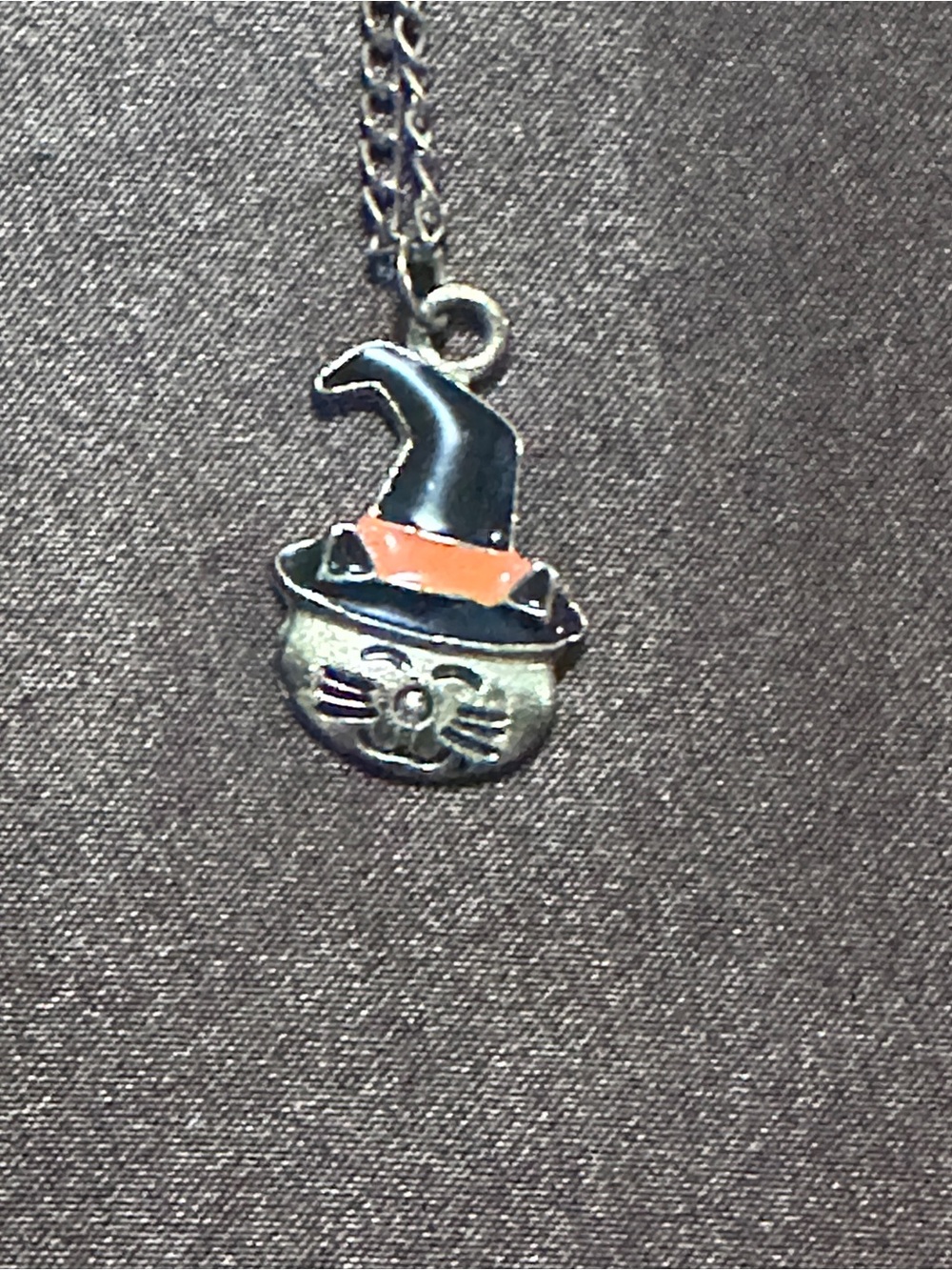 Silver Cat Witch Hat Pendant Necklace in Black and Orange